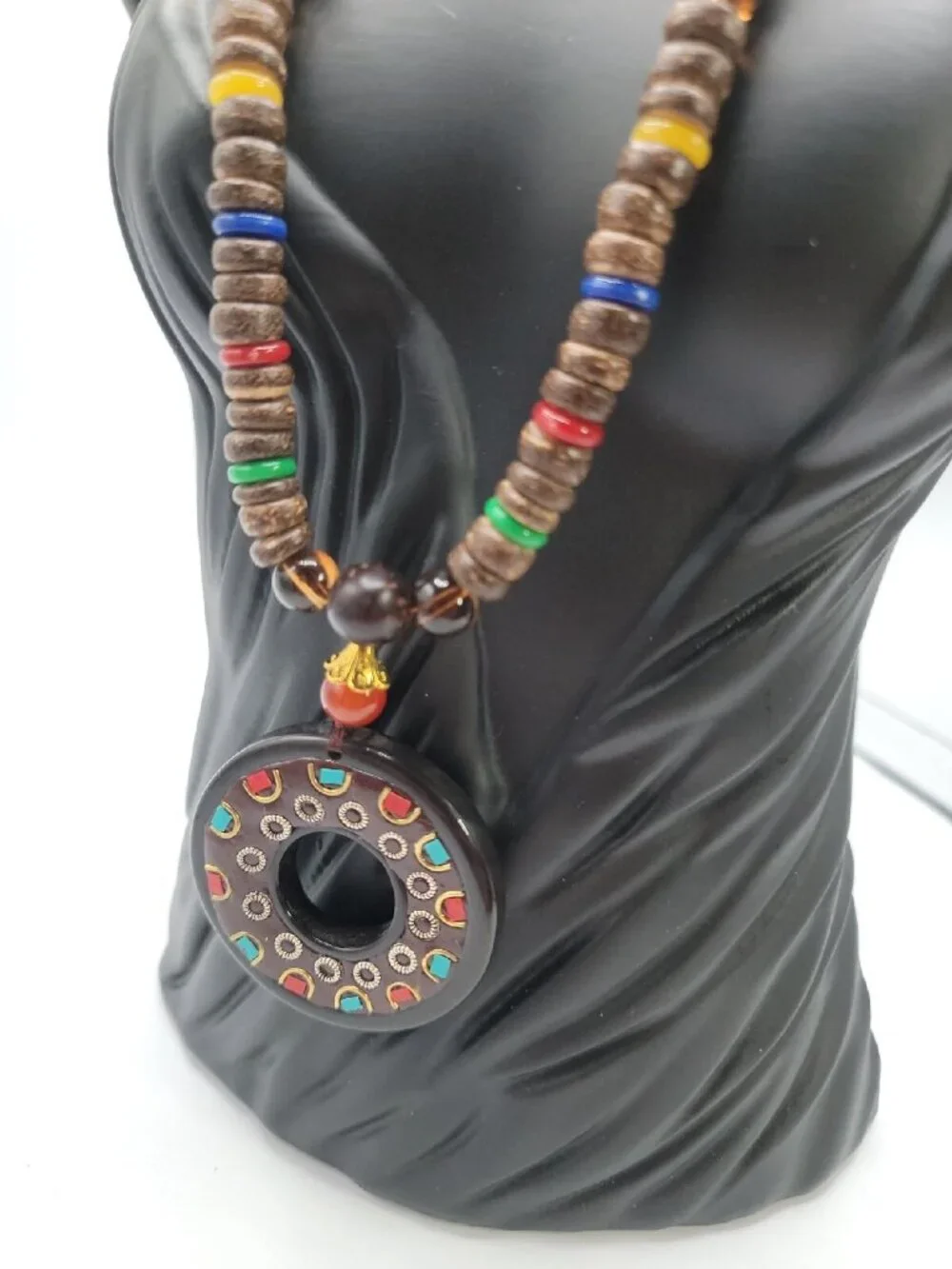 Unisex Nepal Buddhist Mala Wood Bead Pendant Necklace 30